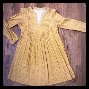 Mustard pleated split neck dress